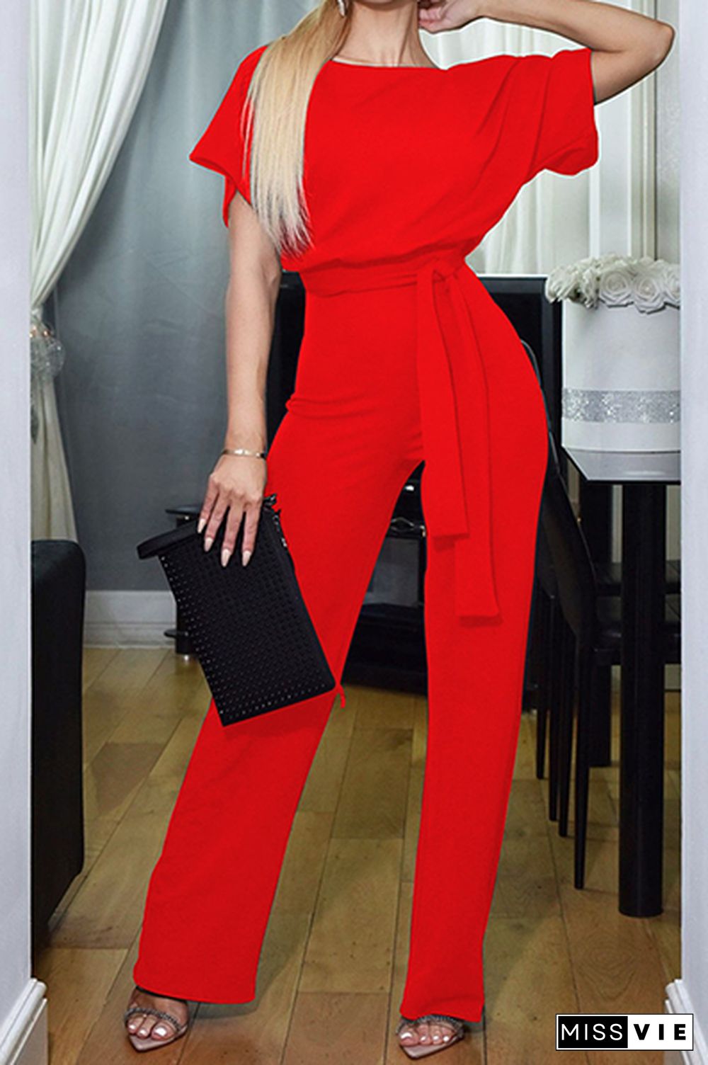 Casual Elegant Solid Patchwork Strap Design O Neck Straight Jumpsuits