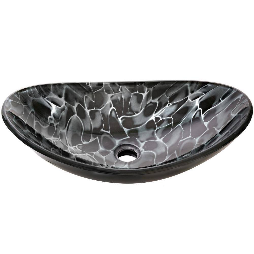 Novatto Tartaruga Oval Glass Vessel Sink in Painted Black with Drain and Assembly in Matte Black NOHP-G012-8031MB