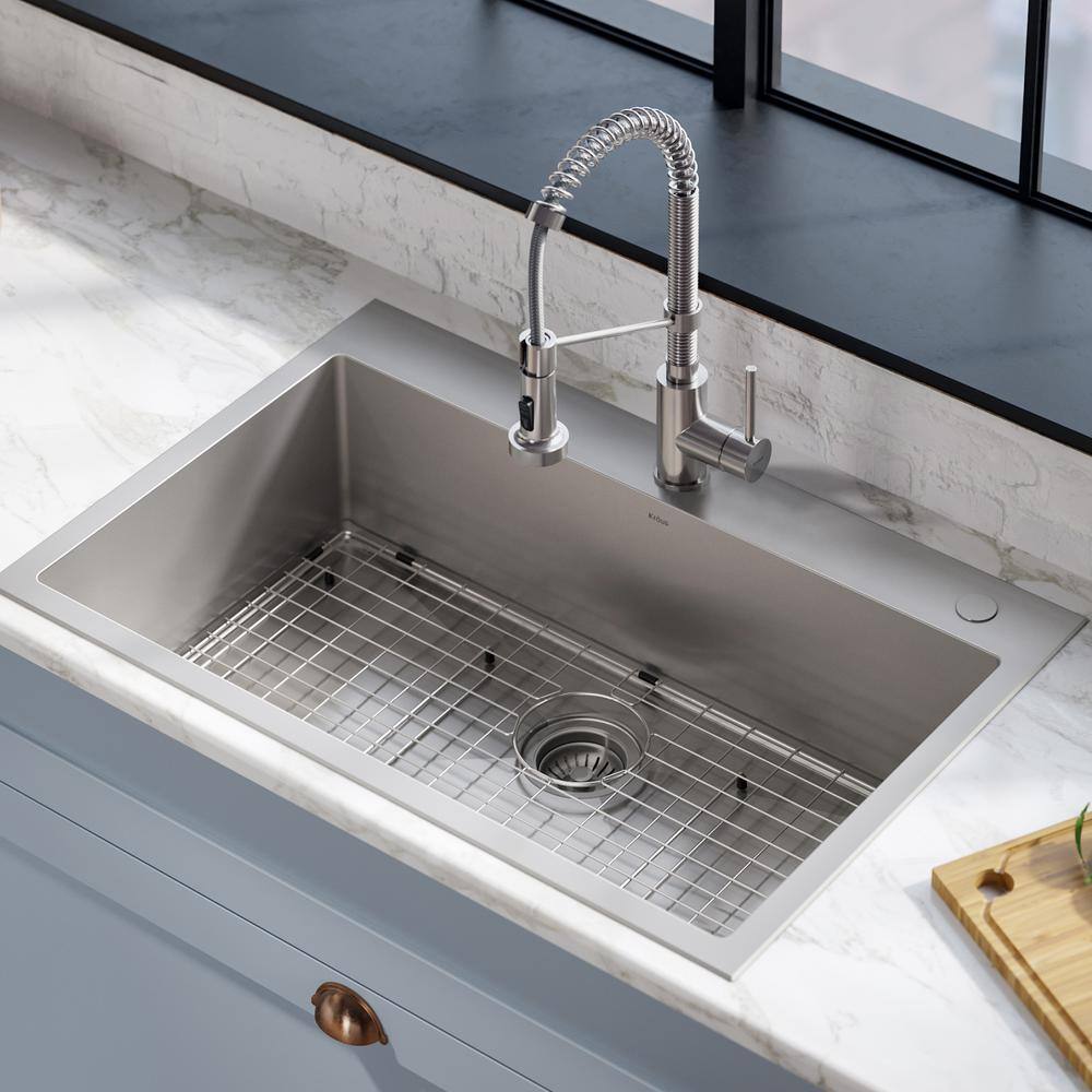 KRAUS Loften Stainless Steel 33in. Single Bowl Drop-in  Undermount Kitchen Sink with Stainless Steel Pull Down Faucet KCA-1102