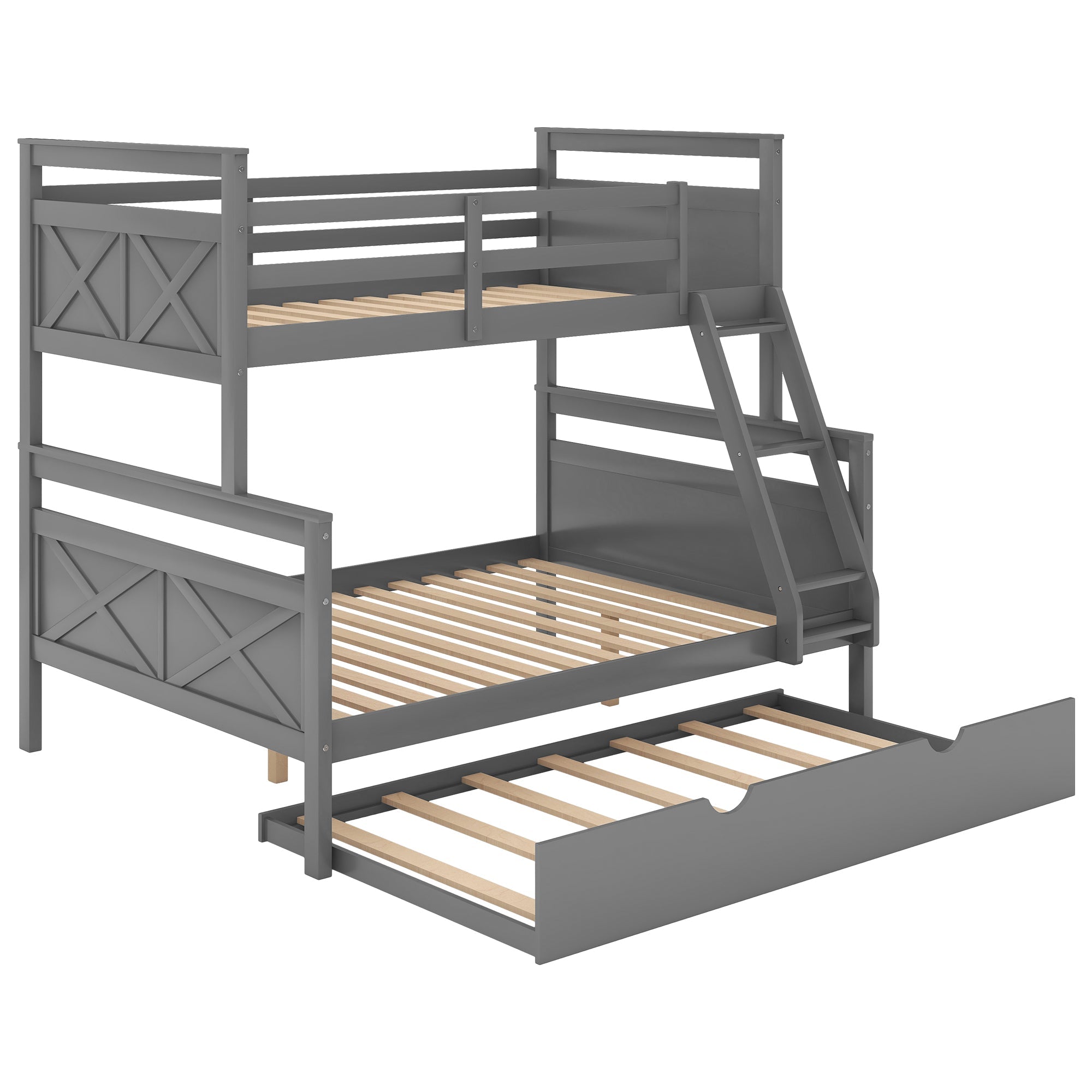 Euroco Wood Twin over Full Bunk Bed with Trundle for Kids & Adults Bedroom, Gray