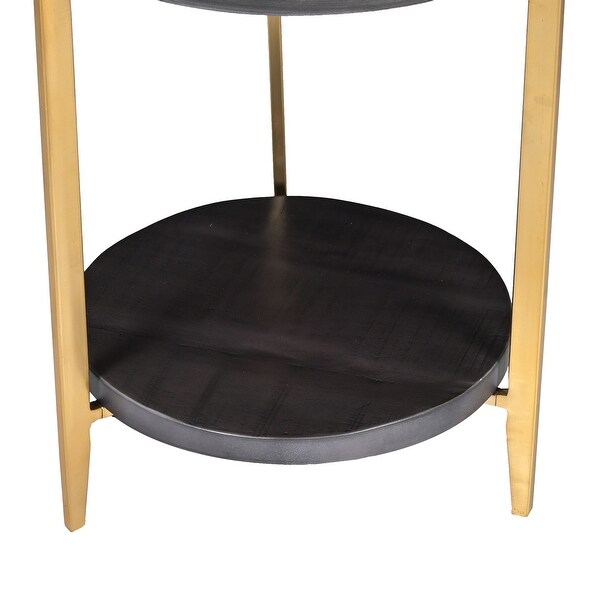 Tali 16 Inch Handcrafted Round Side End Table， 2 Tier， Charcoal Gray Acacia Wood， Sleek Gold Metal Legs