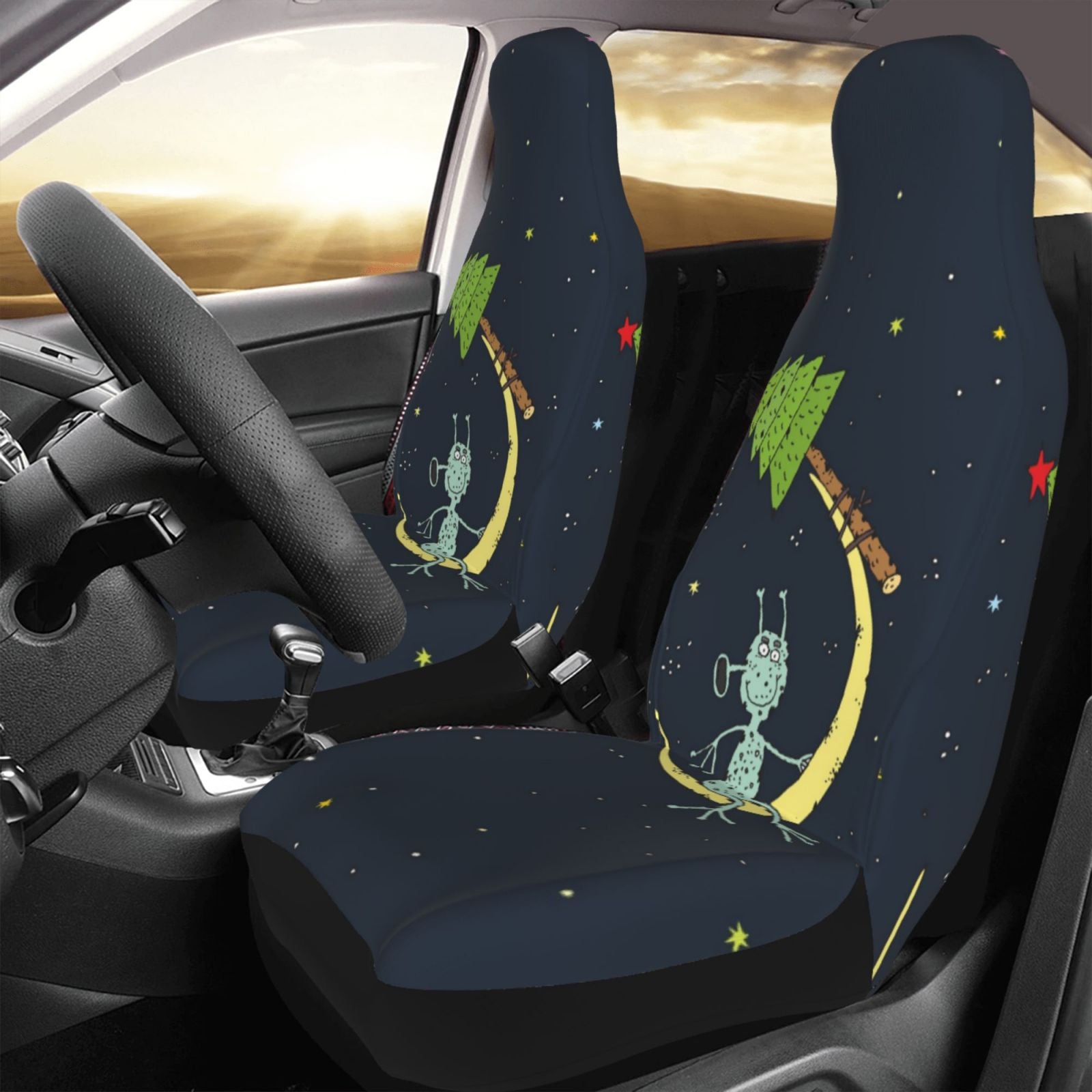 TEQUAN Front Seat Covers， Moon Christmas Tree Alien Pattern 2 Piece Car Seat Cover Fit Most Car SUV Truck Van