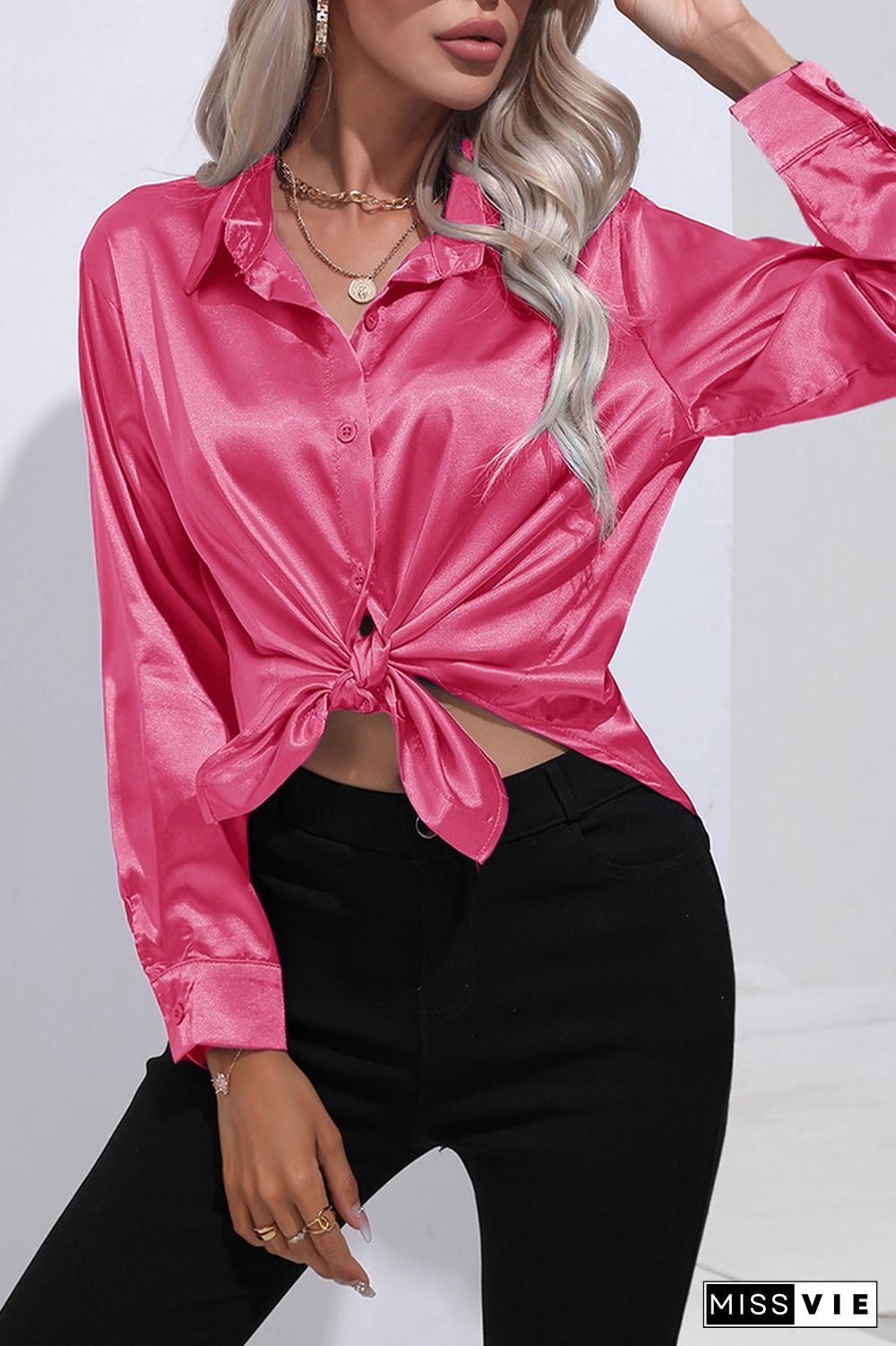 Plain Silky Open Button Long Sleeves Blouse Shirt