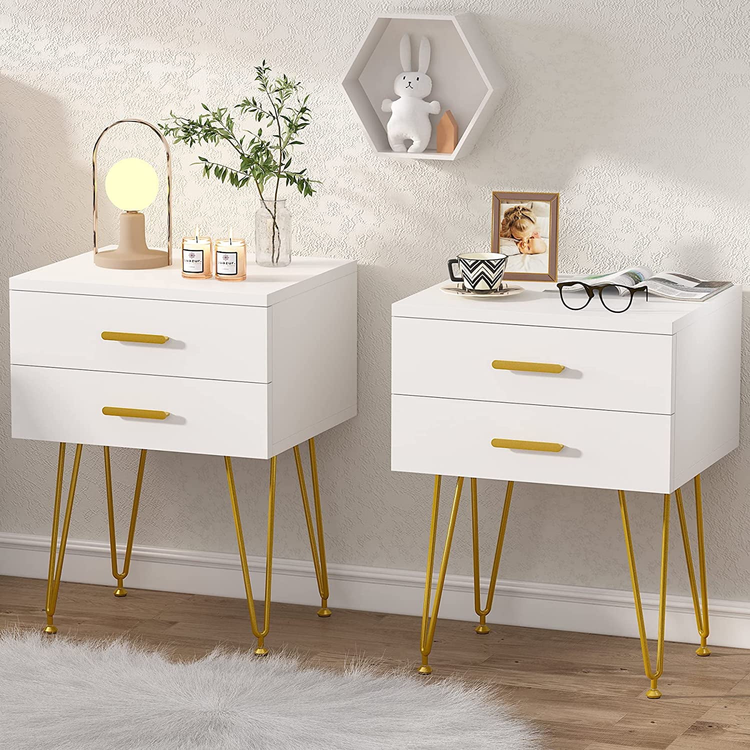 Tribesigns 2-Drawer White and Gold Nightstand, Set of 2, Bedside Table with Splayed Hairpin Metal Legs