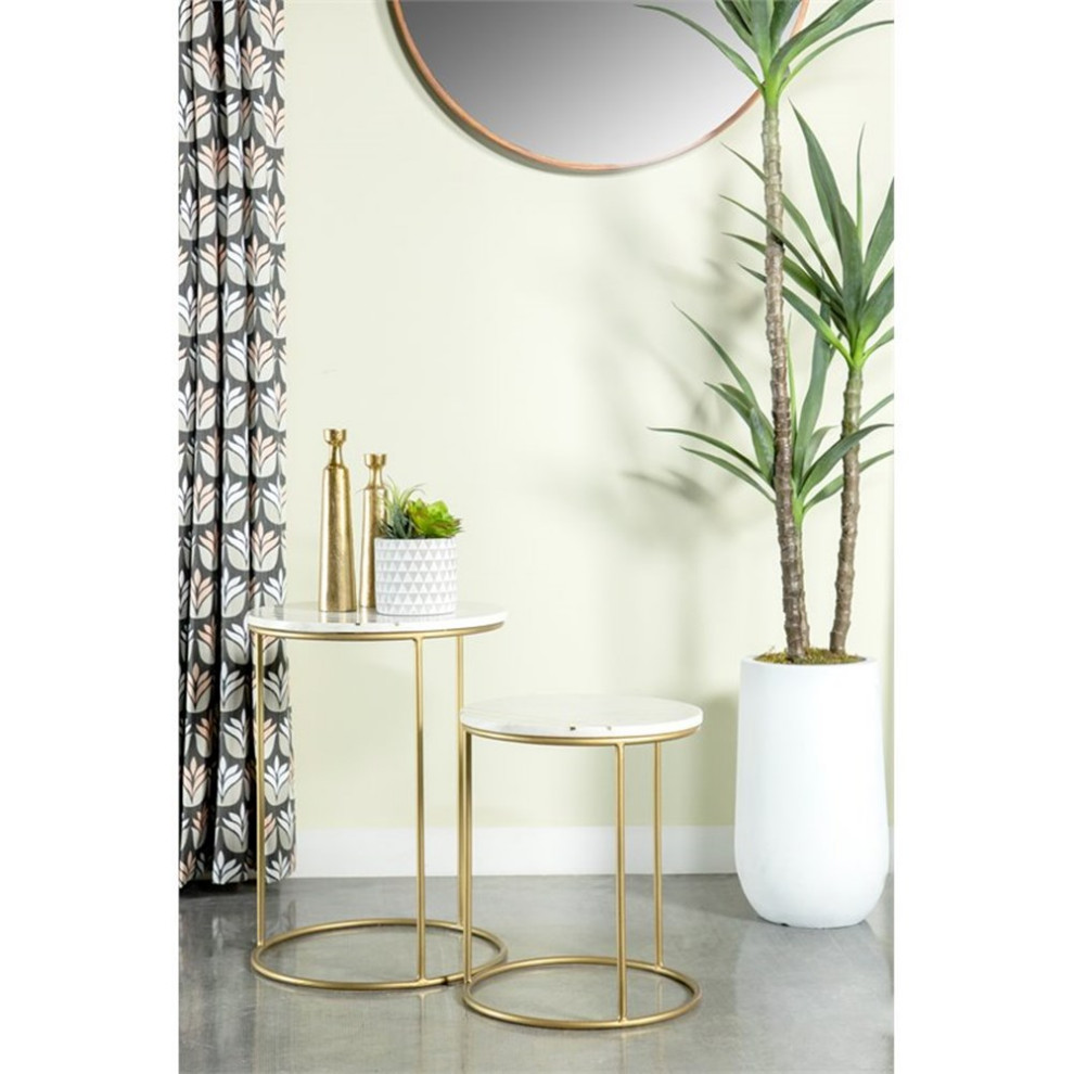 Pemberly Row 2 Piece Round Marble Top Nesting Tables in White and Gold   Contemporary   Coffee Table Sets   by Homesquare  Houzz