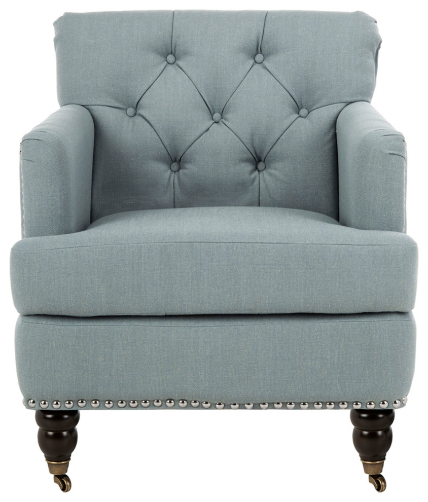 Leonard Tufted Club Chair With Brass Nail Heads Sky Blue/ Dark Brown   Traditional   Armchairs And Accent Chairs   by Peachtree Fine Furniture  Houzz