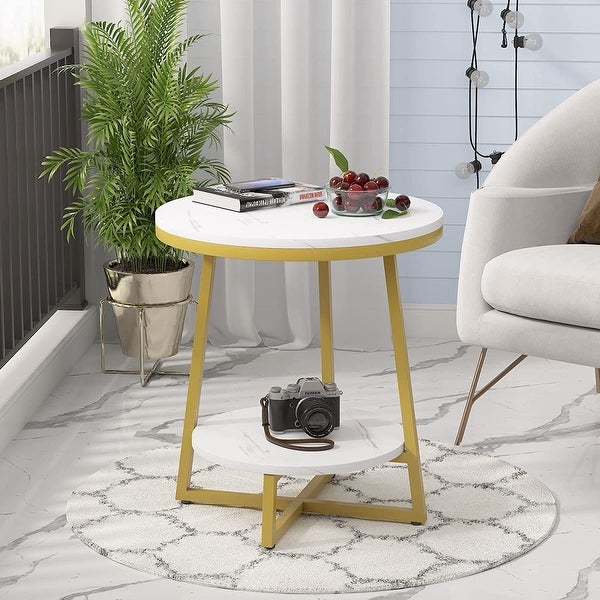 2 Tier Industrial Round Side End Table with Storage Living Room