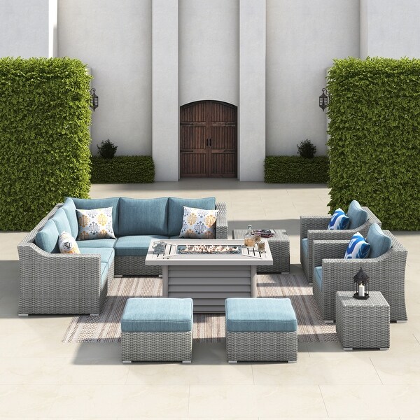 Corvus Martinka 12pc Outdoor Grey Wicker Fire Pit Sectional Sofa Set