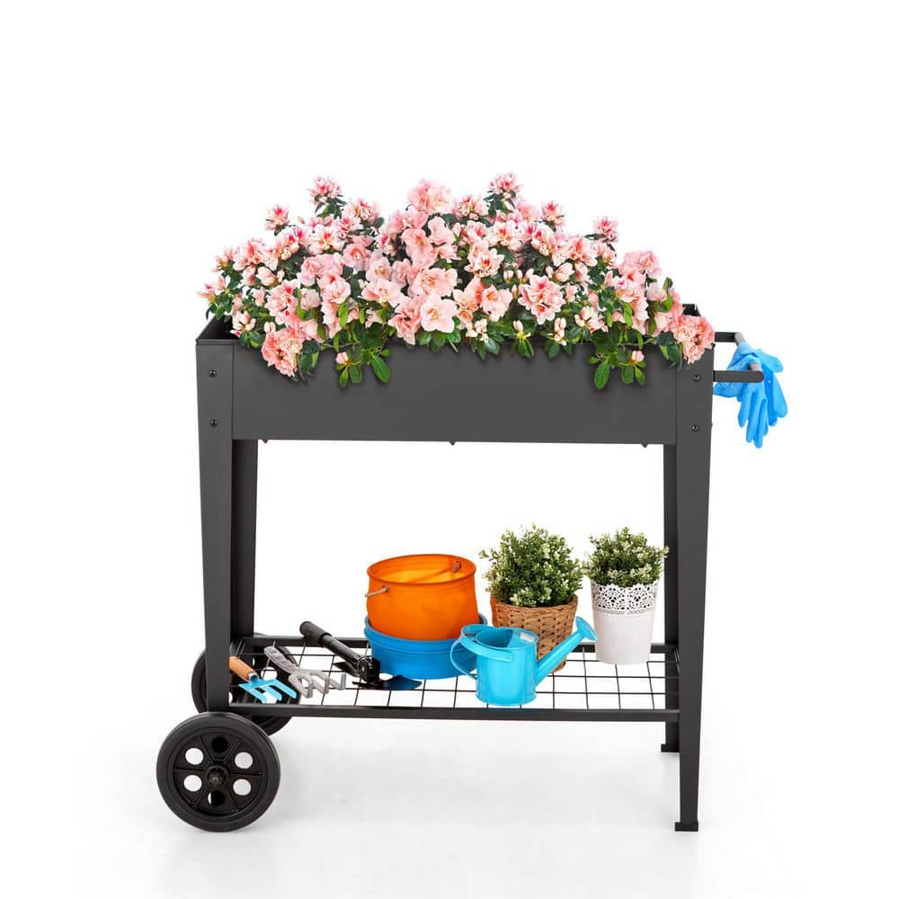 PHI VILLA Steel Elevated Garden Bed Raised Planter Box With Shelf and Wheels in Black THD-PV-430-B