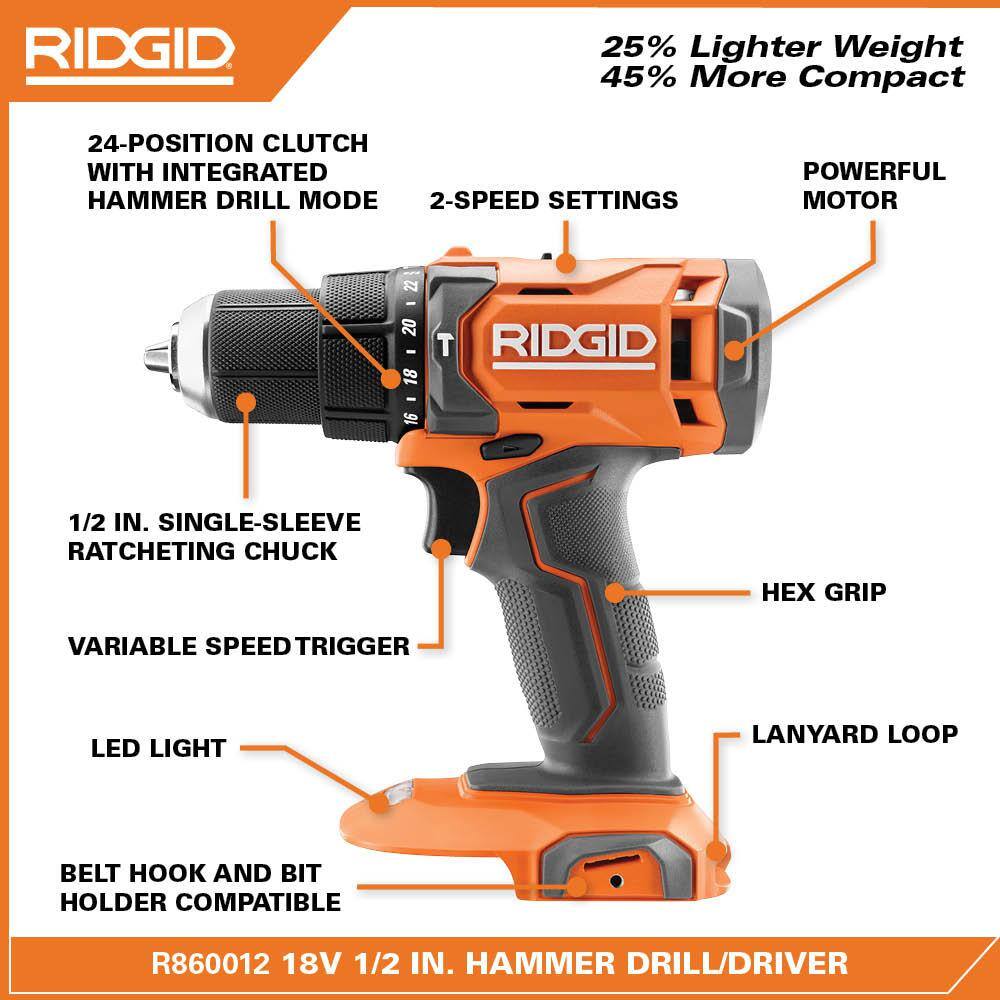 💥RIDGID 18V Cordless 12 in. Hammer Drill (Tool Only) R860012B