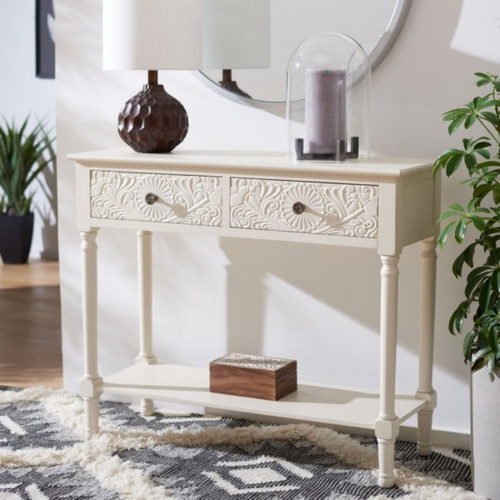 Joseph  2 Drawer Console Distressed White   Traditional   Console Tables   by AED Luxury Home Decor  Houzz