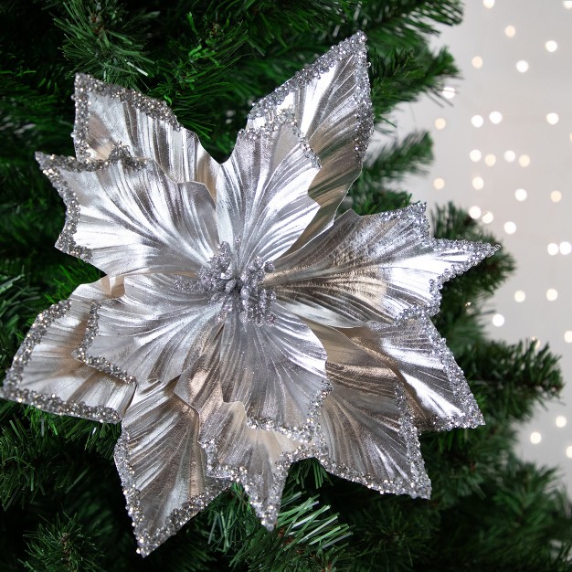 Metallic Silver Poinsettia Christmas Stem Spray