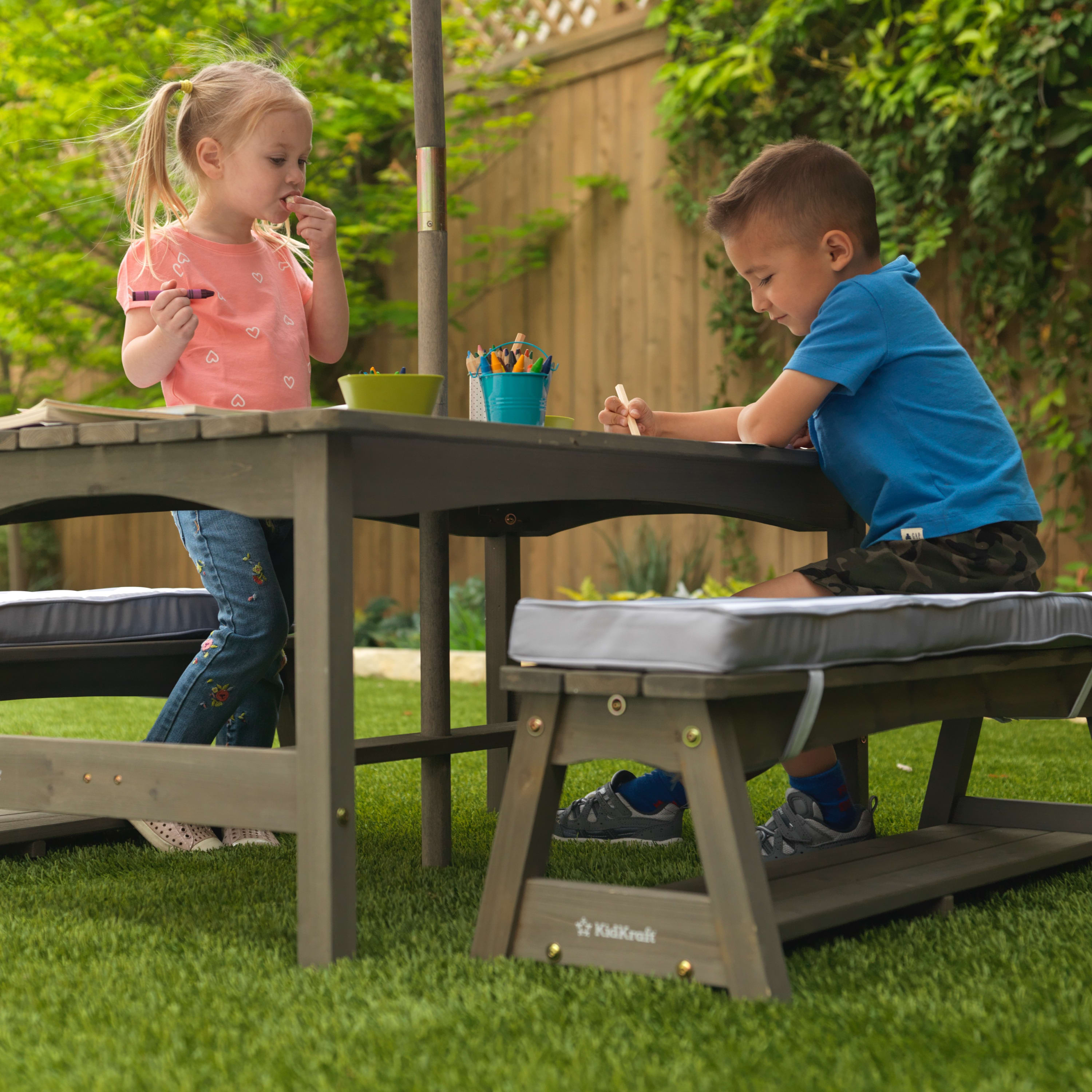 KidKraft Outdoor Table & Bench Set with Cushions and Umbrella, Gray and White Stripes