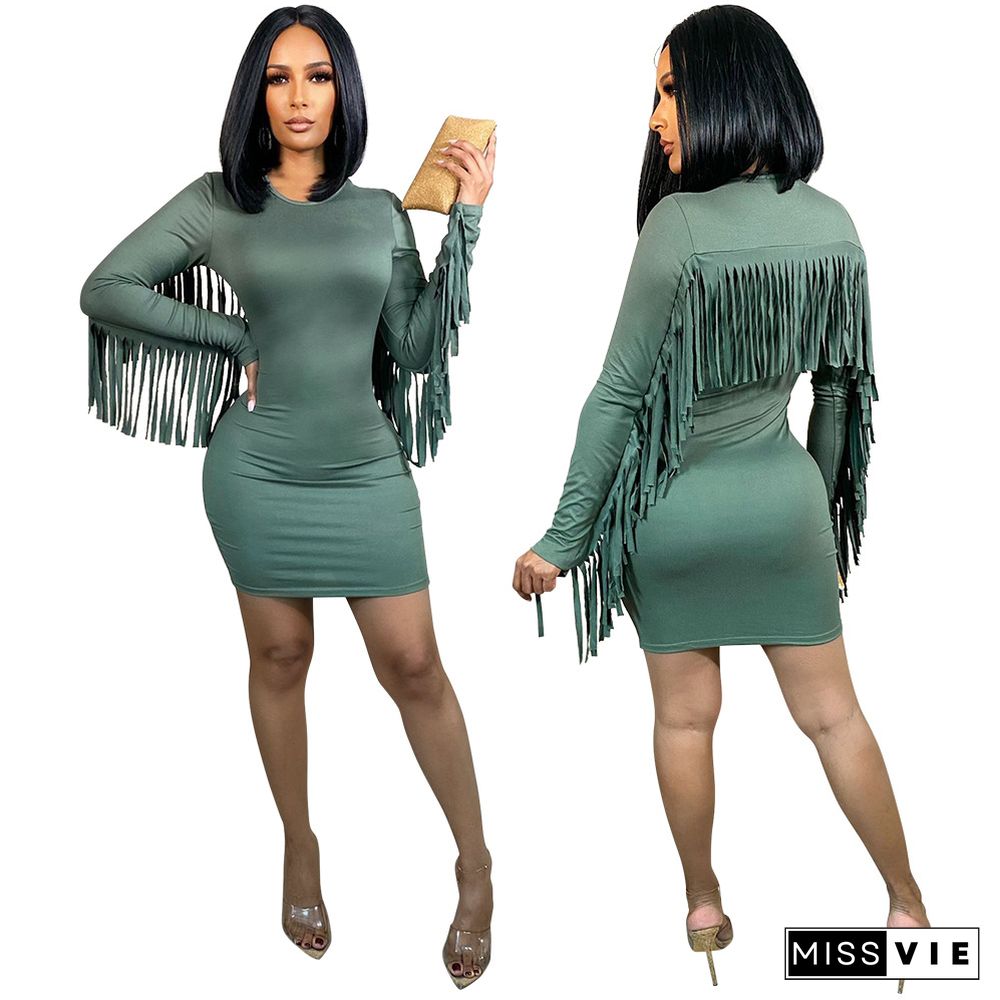 Solid Long Sleeve Tassel Bodycon Pencil Dress