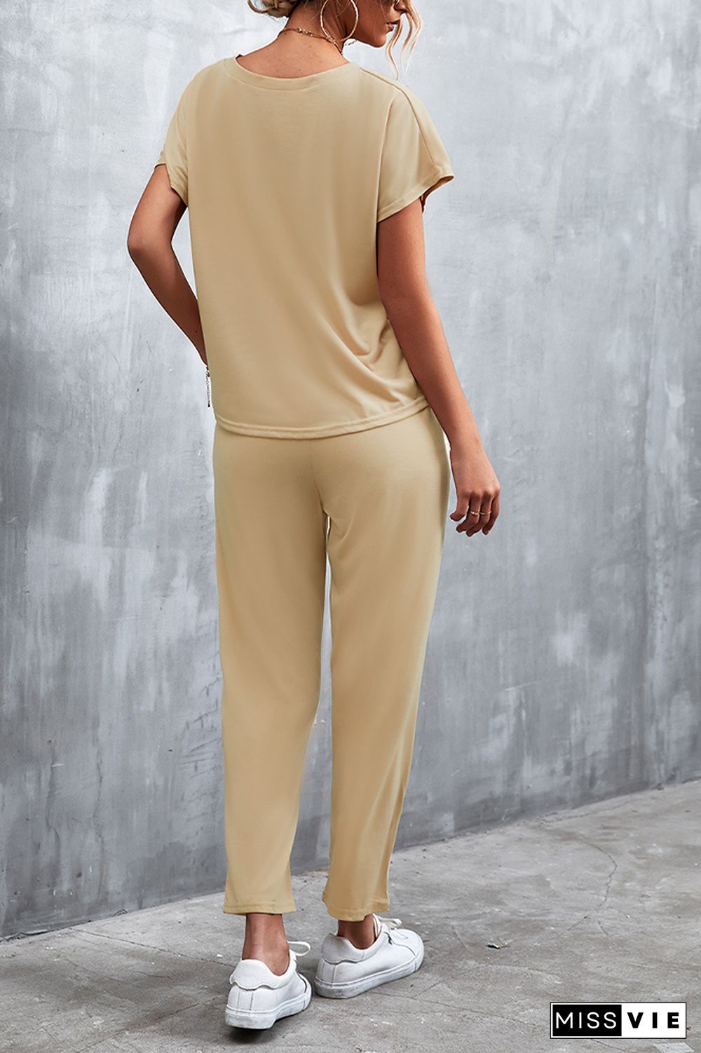 Plain Drawstring Top and Pants Two Pieces Set Wholesale