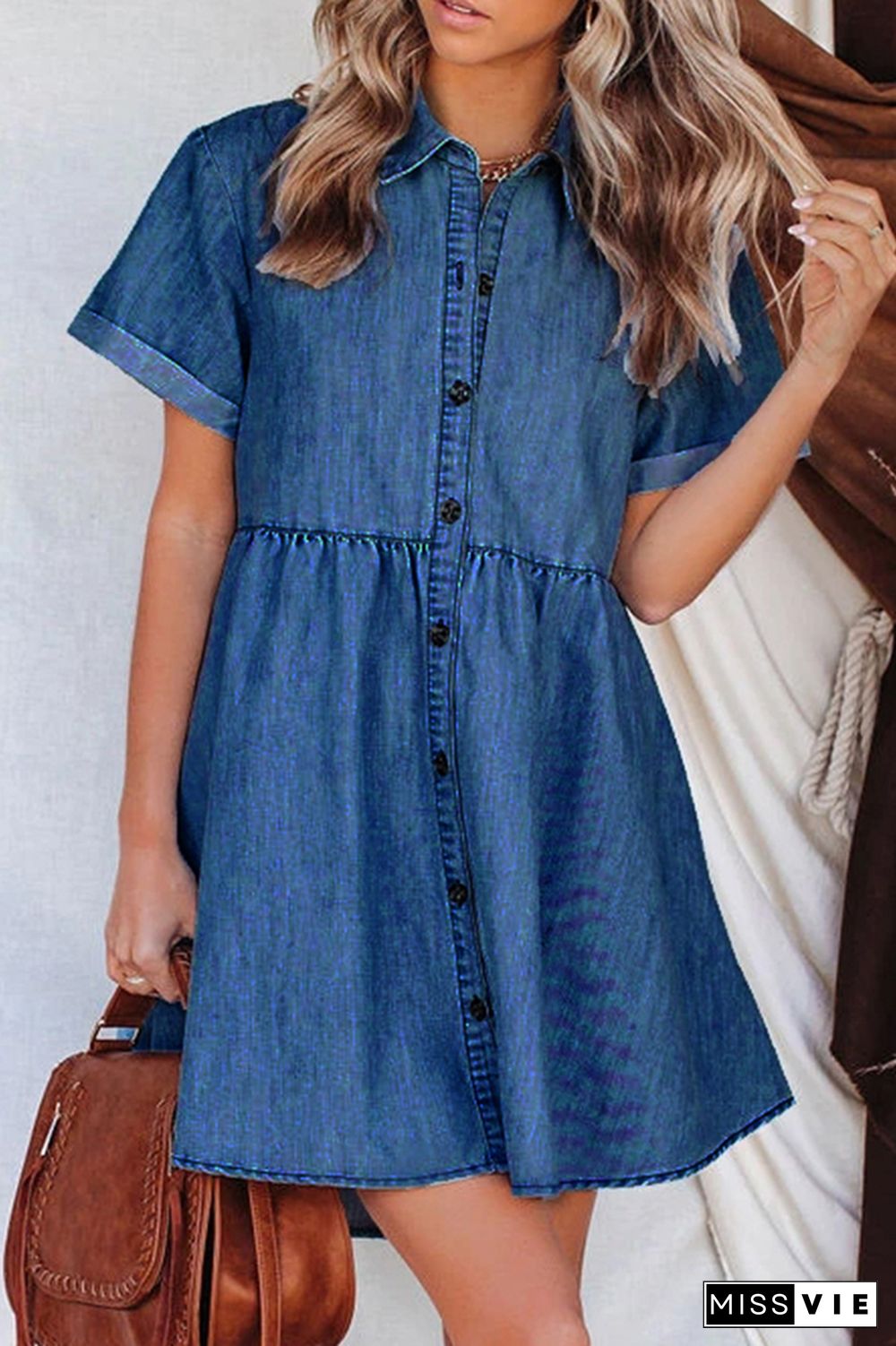 Turn-down Collar Short Sleeve Single-breasted Denim Dress Wholesale