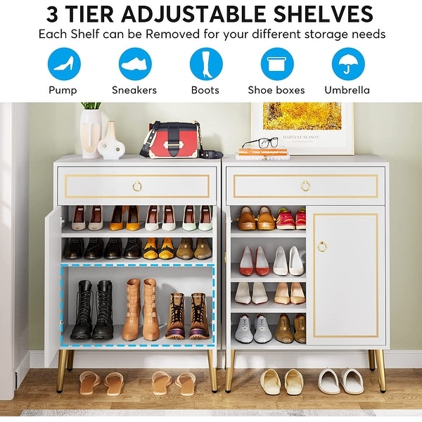 Shoe Cabinet， 4-Tier Shoe Storage Organizer with door and Drawer - - 36912141