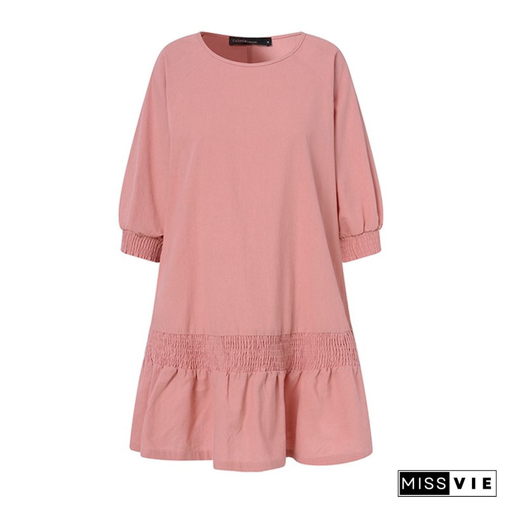 Women 3/4 Sleeve Mini Dress Ruffled Round Neck Cotton Party Casual Loose Short Dress Plus Size Clothes