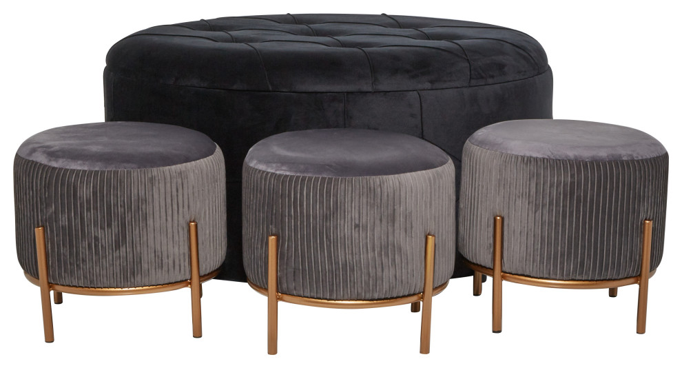 Large Round Black And Grey Velvet Fabric Storage Ottoman Set  Set Of 3   Contemporary   Footstools And Ottomans   by Brimfield  ampMay  Houzz