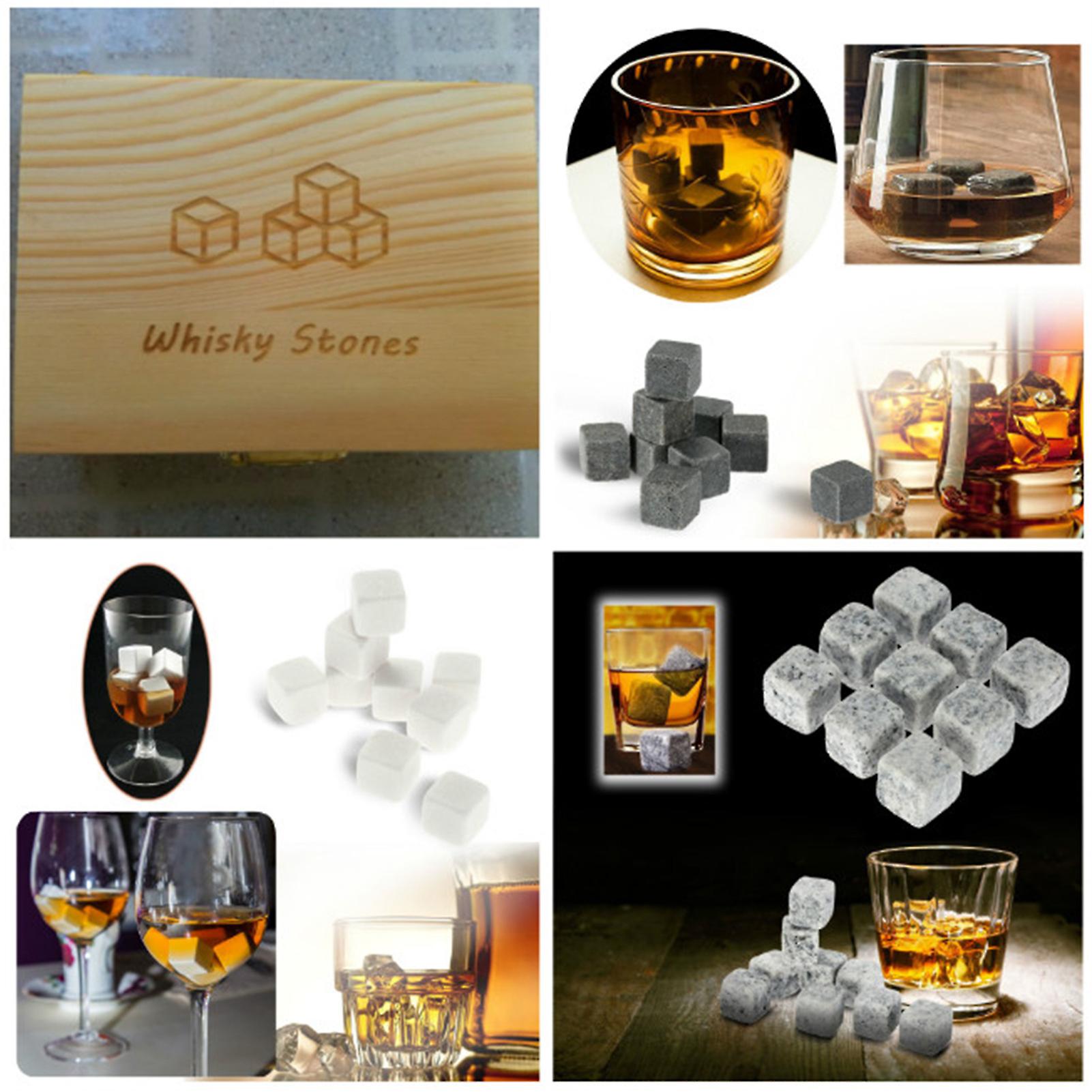 White 9pcs Whiskey Stones Set Chilling Stones Wooden Box Chilling Rocks Reusable Ice Cubes For Whiskey Wine Beer Juice Cool Drinks Bar Accessories