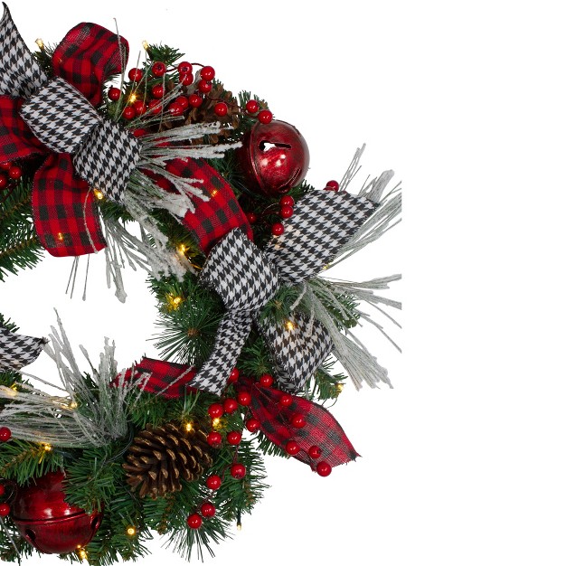 Northlight Pre lit Decorated Plaid And Houndstooth Artificial Christmas Wreath 24 inch Warm White Lights