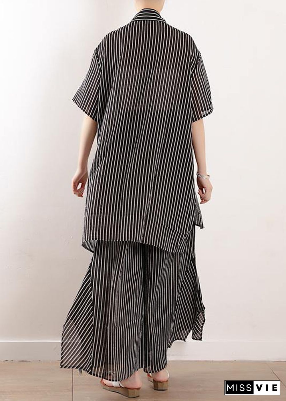 Original literary loose large size gray stripes were thin and irregular chiffon wide-leg pants two-piece suit