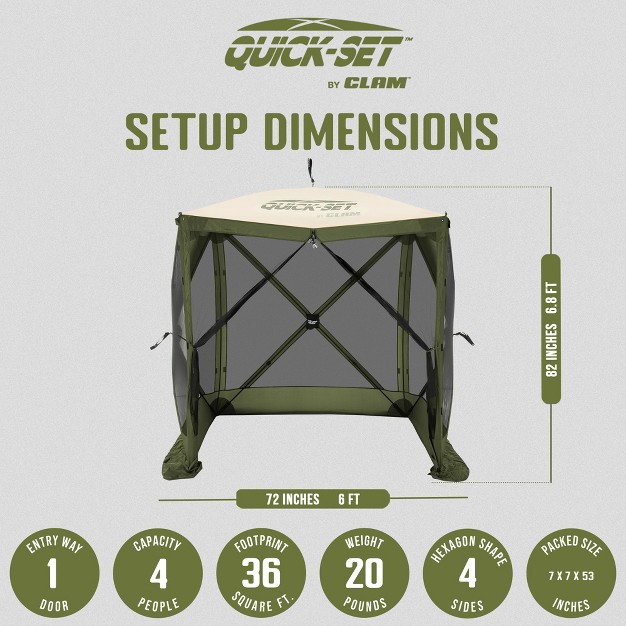 Clam Quick set Traveler 6 X 6 Foot Easy Set Up Portable Outdoor Camping Pop Up Canopy Gazebo Shelter With Ground Stakes And Carry Bag Green tan