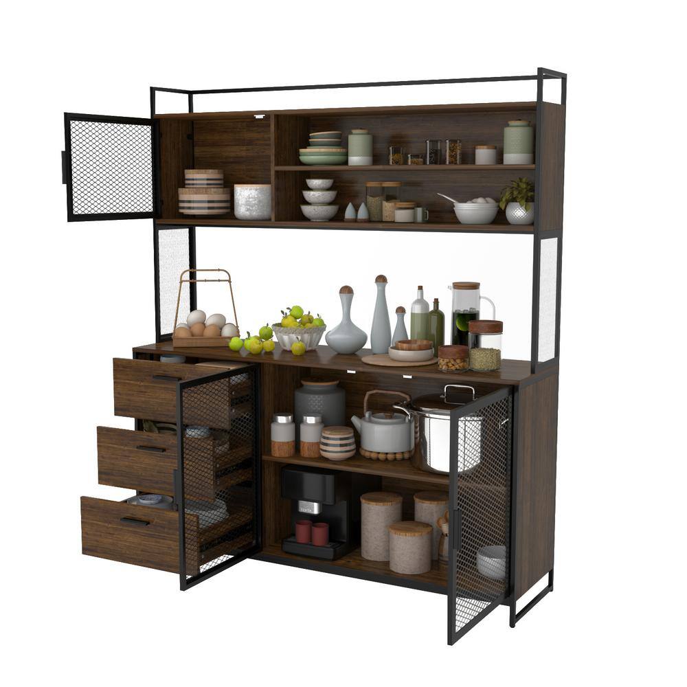 FUFUGAGA 59 in. W Kitchen Brown Wood Buffet Sideboard Pantry Cabinet For Dining Room with Metal Mesh Doors 3-Drawers Shelves KF210150-012