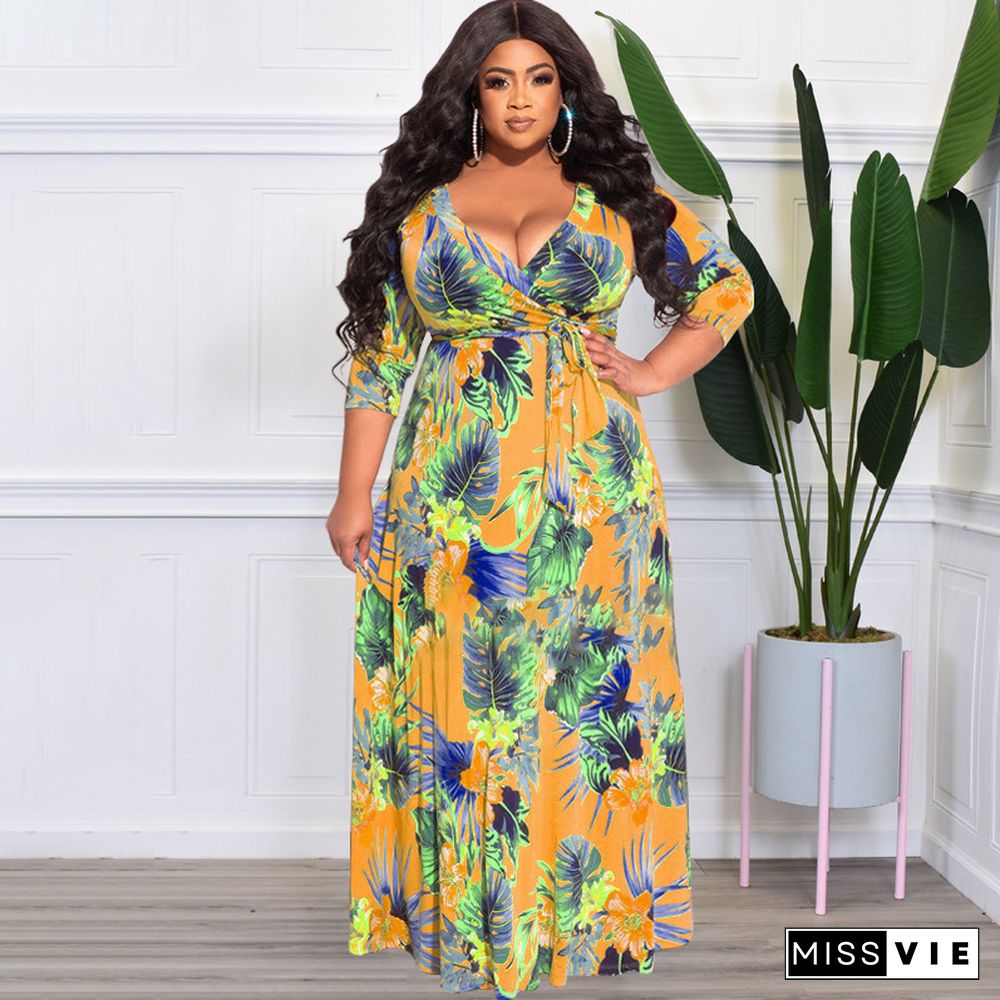 V Neck High Waist Vintage Plus Size Maxi Dress