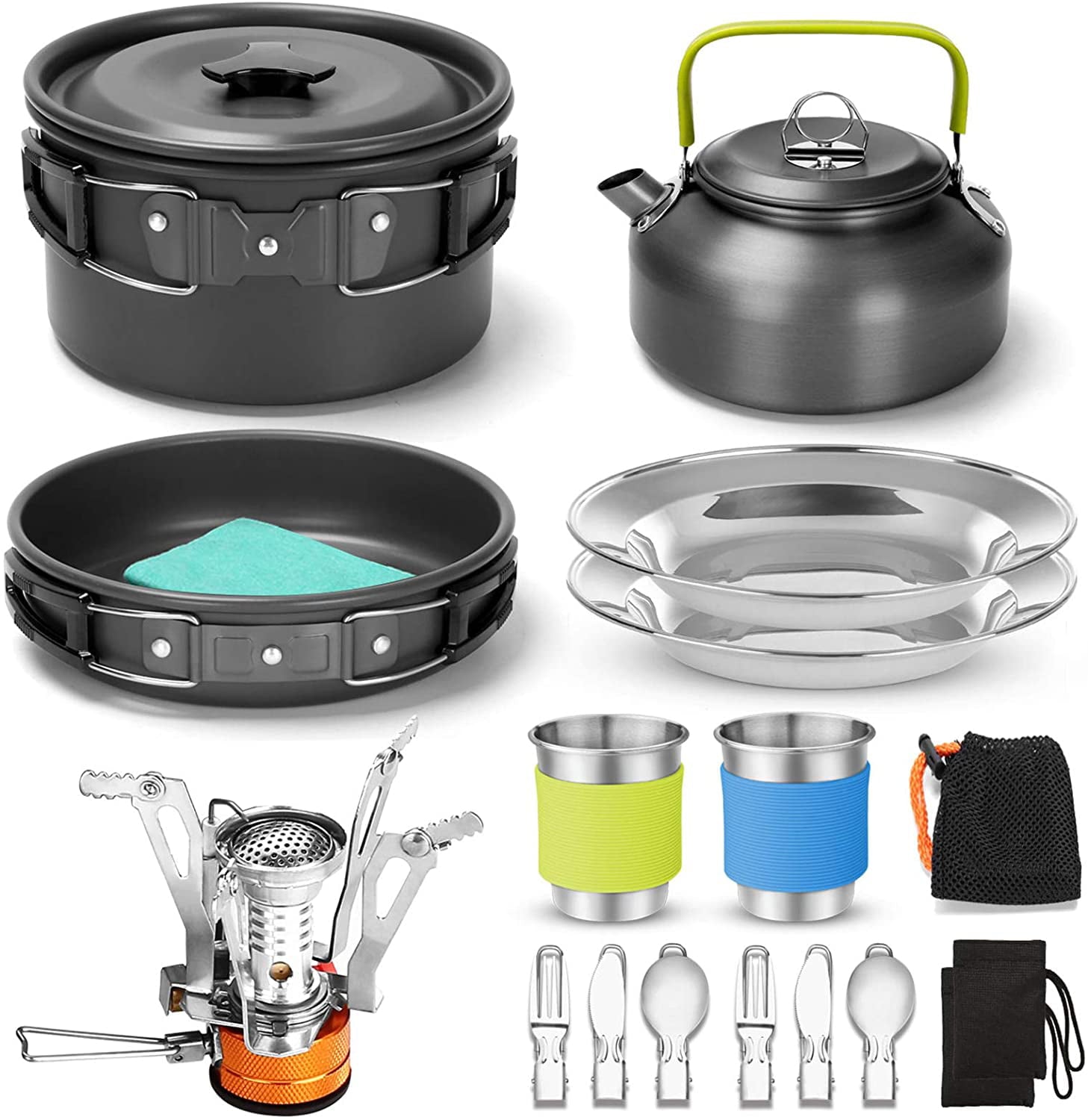 16pcs Camping Cookware Set with Folding Camping Stove, Non-Stick Lightweight Pot Pan Kettle Set with Stainless Steel Cups Plates Forks Knives Spoons for Camping Backpacking Outdoor Picnic