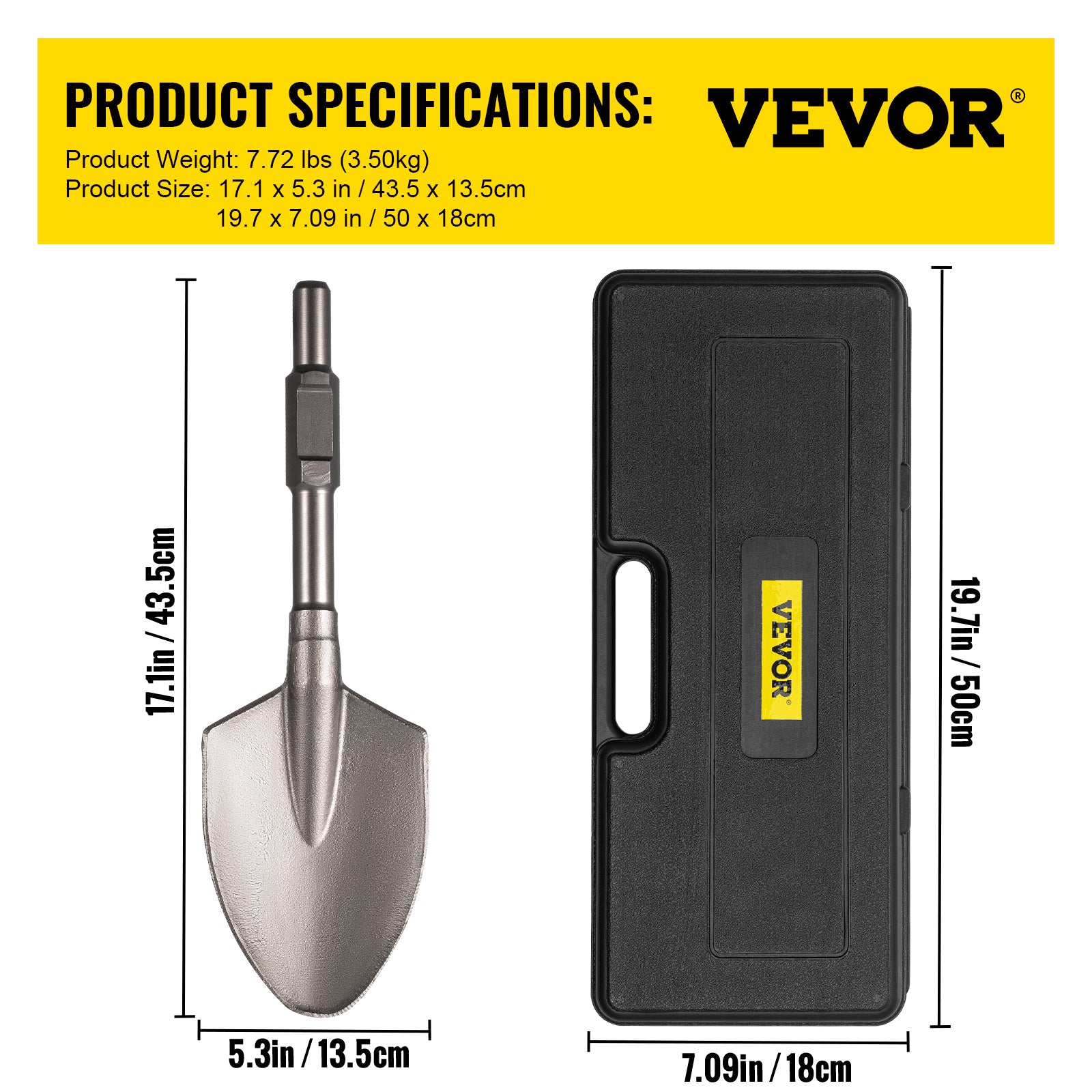 VEVOR Clay Spade, 1-1/8" Hex Shank, Steel Jackhammer Bit Shovel Bit w/ Case for Electric Demolition Jack Hammer, Trenching and Digging Shovel Bit for Clay, Gravel, Frozen Soil, Concrete, Sliver