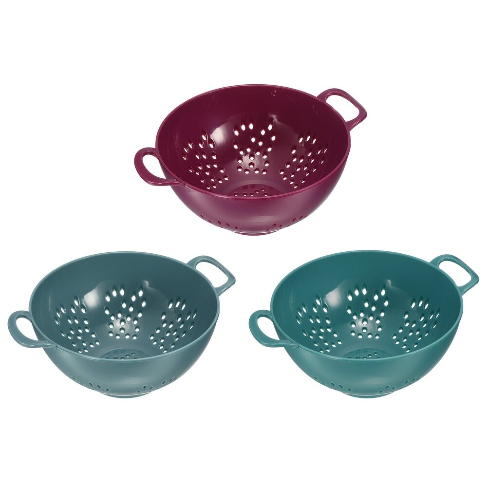 Plastic Deep Colander w Handles 3PCS  Rice Washing Bowl Food Strainer   Light Blue+Army Green+Purple   19cm x 14.8cm x 7.5cm