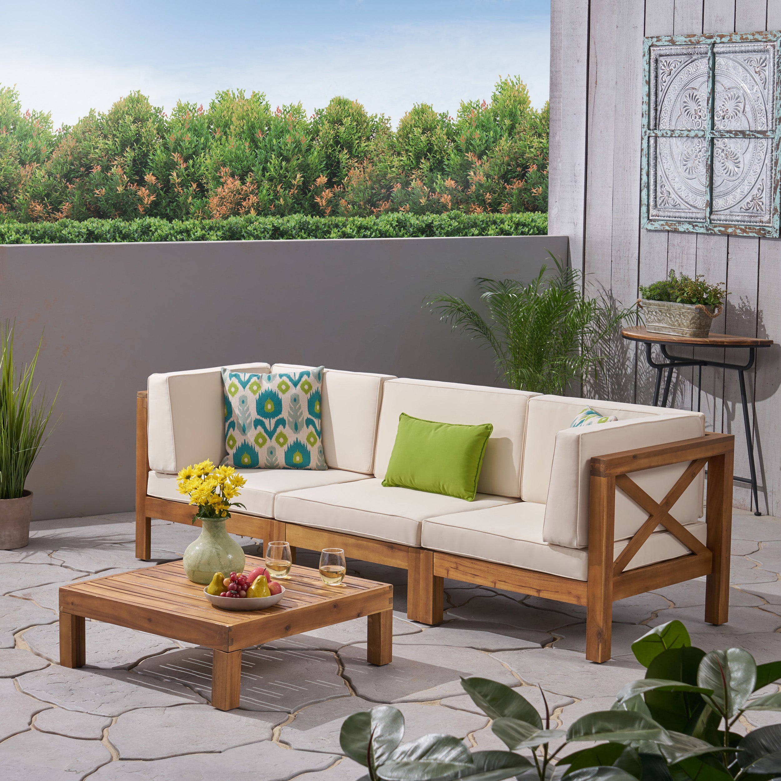 Brava Outdoor Modular Acacia Wood Sofa and Coffee Table Set with Cushions