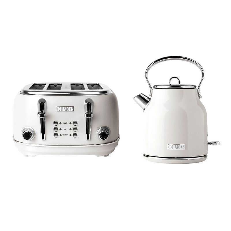 Haden Heritage 1.7 Liter Electric Tea Kettle and 4 Slice Wide Slot Toaster， White