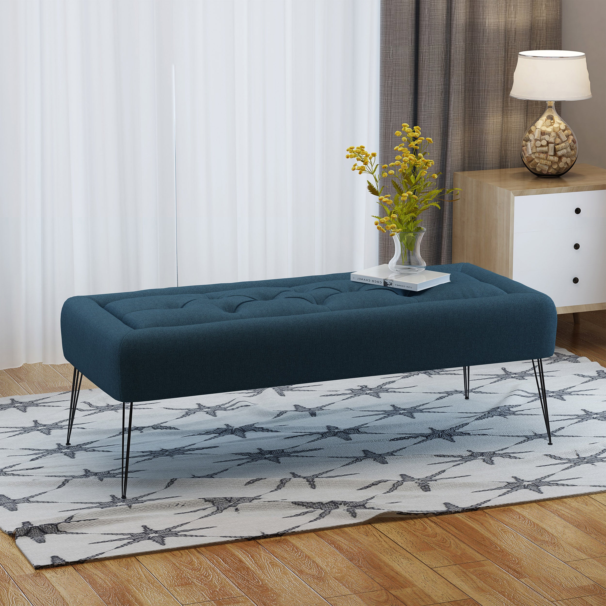 Zoe Modern Button Tufted Fabric Upholstered Ottoman Bench with Hairpin Legs