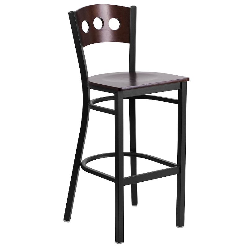 Emma and Oliver Black Metal 3 Circle Back Barstool， Wood Back and Seat