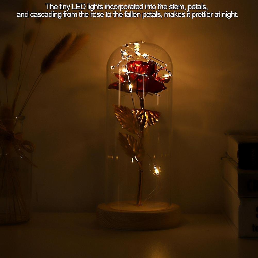 Preserved Rose Flower LED Light with Glass Cover andamp; Wooden Base Valentines'Day Wedding Red