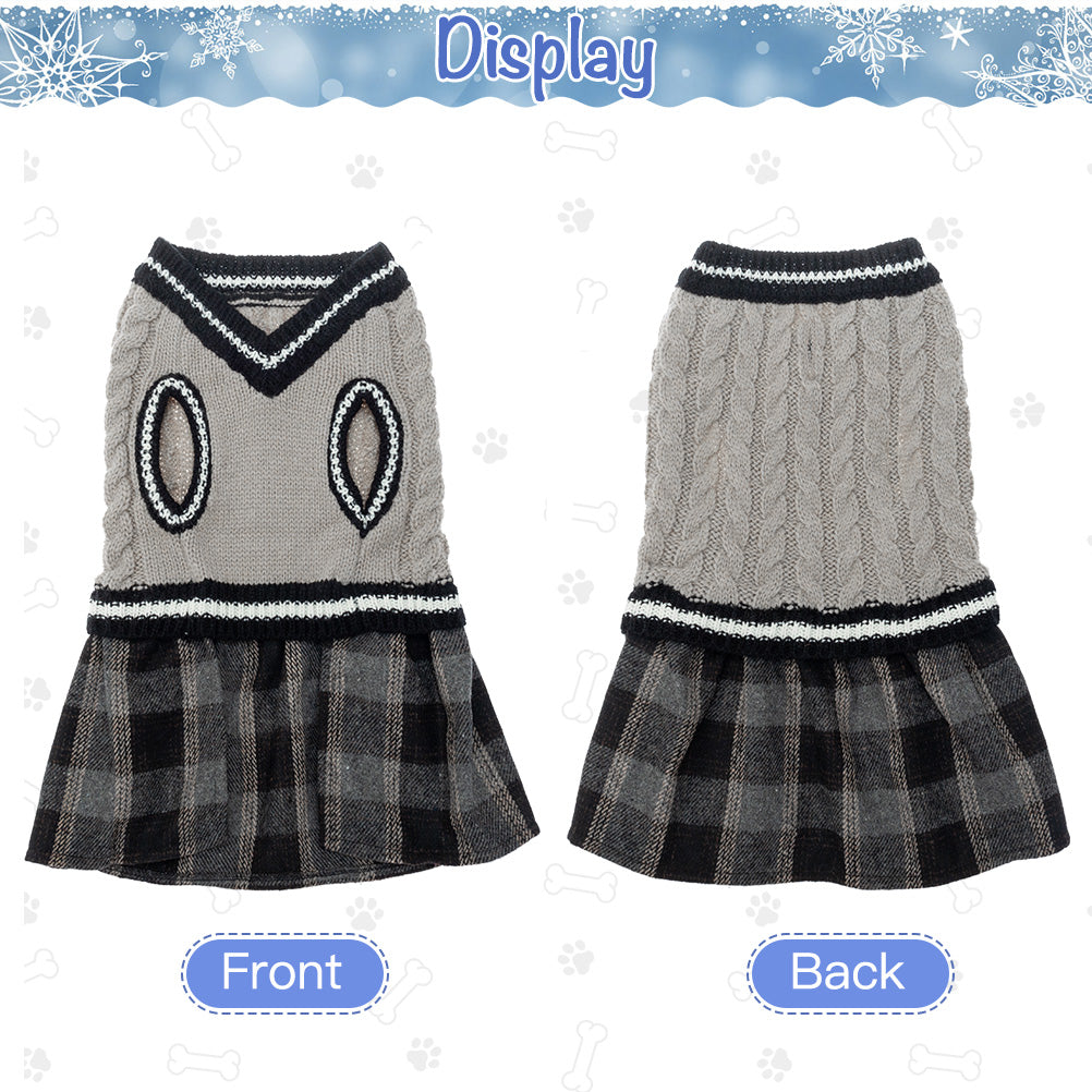 Pupteck Cute Dog Sweater Dress - Warm Pullover Puppy Cat Knit Clothes with Classic Plaid Pattern