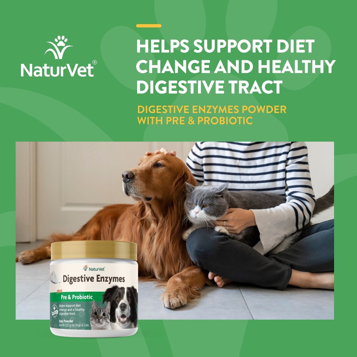 NaturVet Digestive Enzymes Plus Probiotic Powder Digestive Supplement for Cats and Dogs