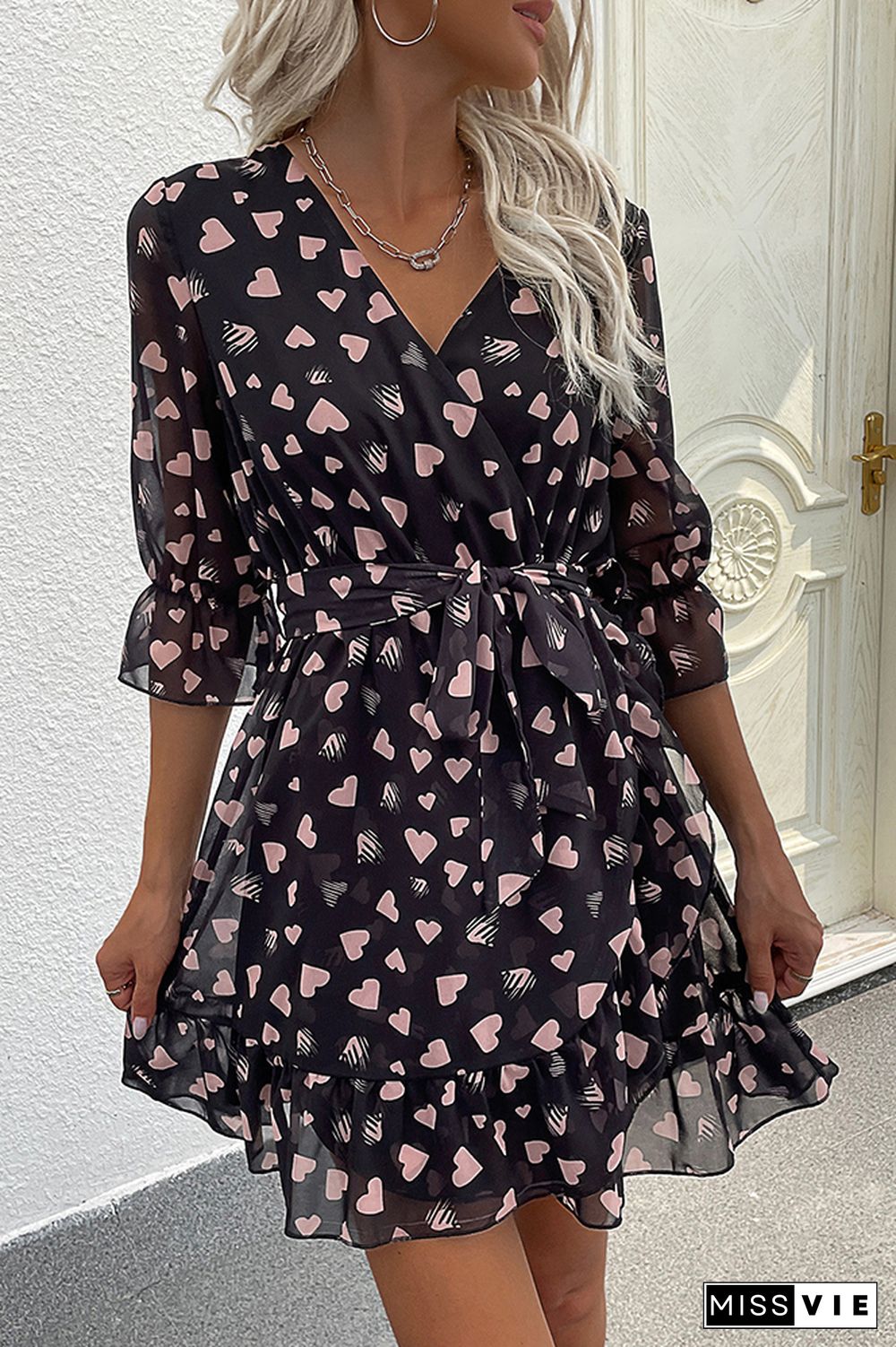 Heart Print V-neck Half Sleeve Mini Dress Wholesale