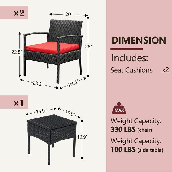 Outdoor Furniture 3 Piece Patio Bistro Furniture Set，Rattan Conversation Chairs Set with Side Table and Cushions