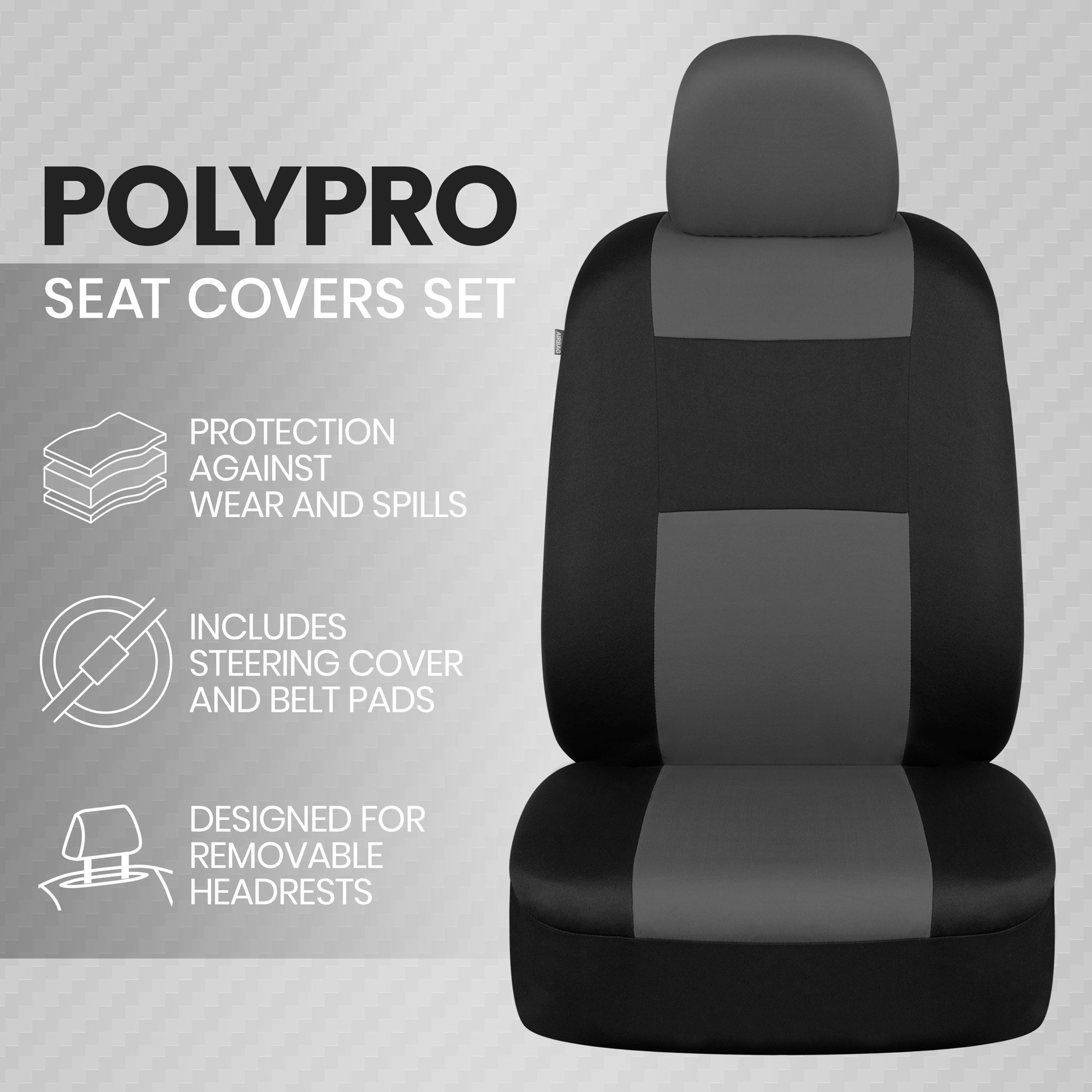 BDK PolyPro Car Seat Covers Full Set in Charcoal on Black with Steering Wheel Cover and Seat Belt Pads – Front and Rear Split Bench Car Seat Cover， Easy to Install， Interior Covers for Auto Truck SUV