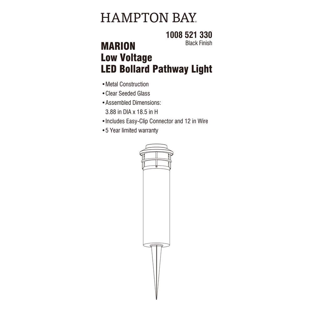 Hampton Bay Marion 12''H Black Low Voltage LED Bollard Path Light with Seeded Glass LBW1501LM-01