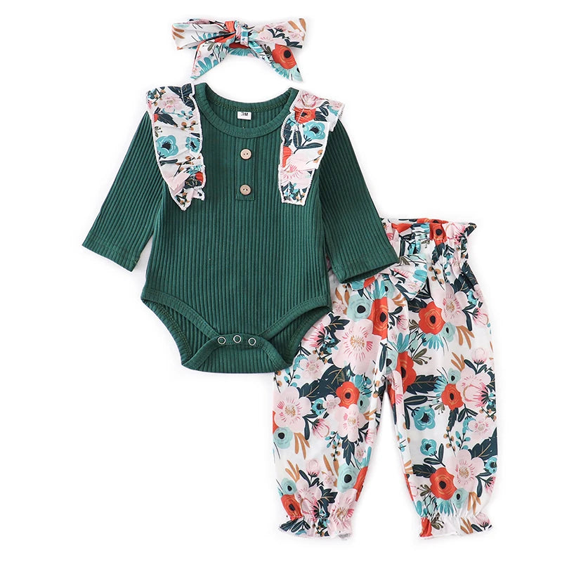 Autumn Baby Girl Clothes Sets Fashion Toddler Outfits Long Sleeve Tops Flower Pants Headband Cute 3Pcs Newborn Infant Clothing