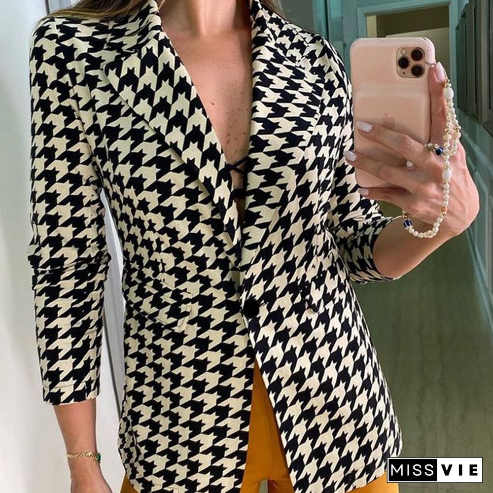 Long Sleeve Hounds tooth Print Buttoned Blazer Coat