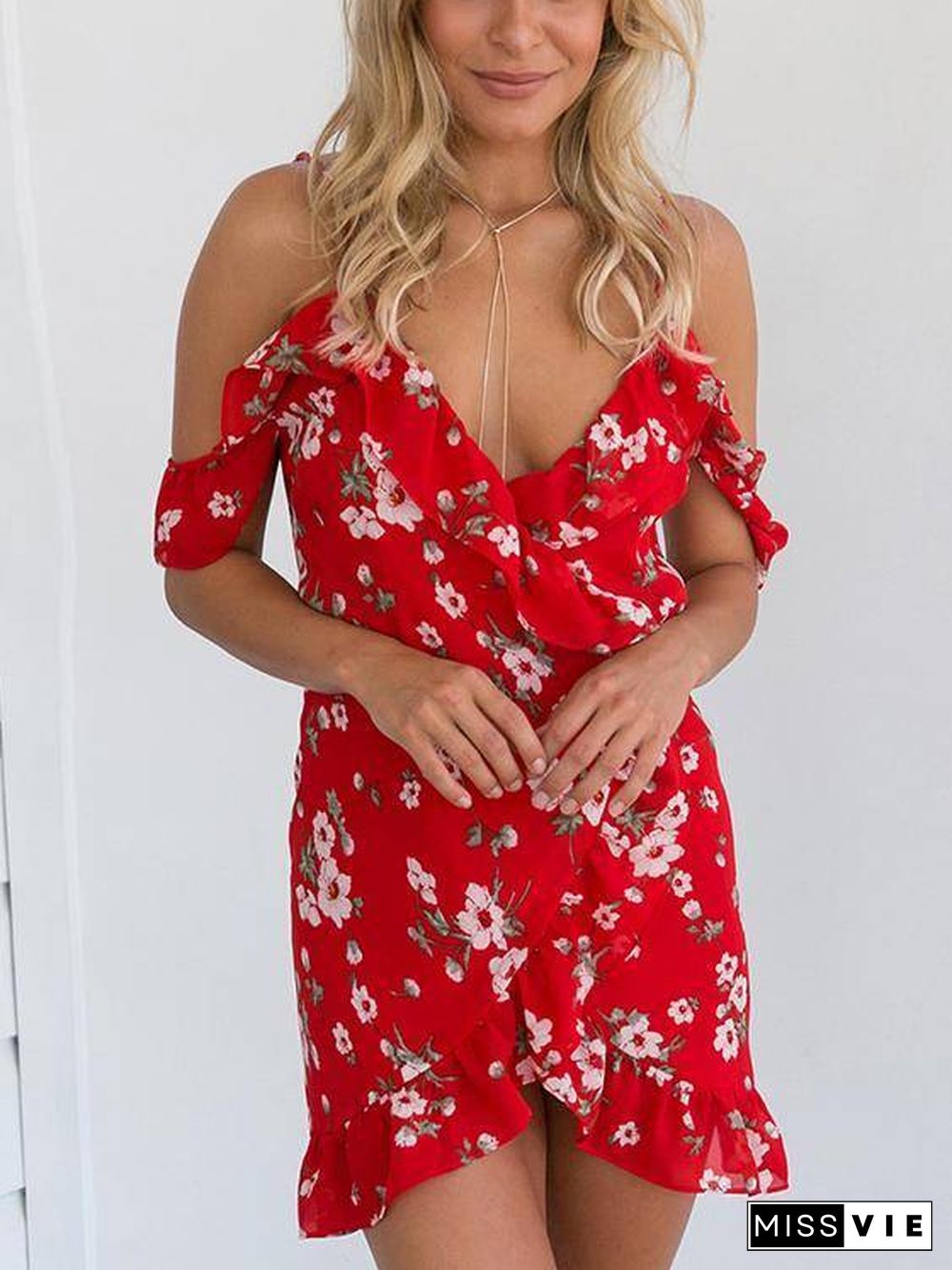 Red Floral Print V Neck Ruffle Cold Shoulder Mini Dress