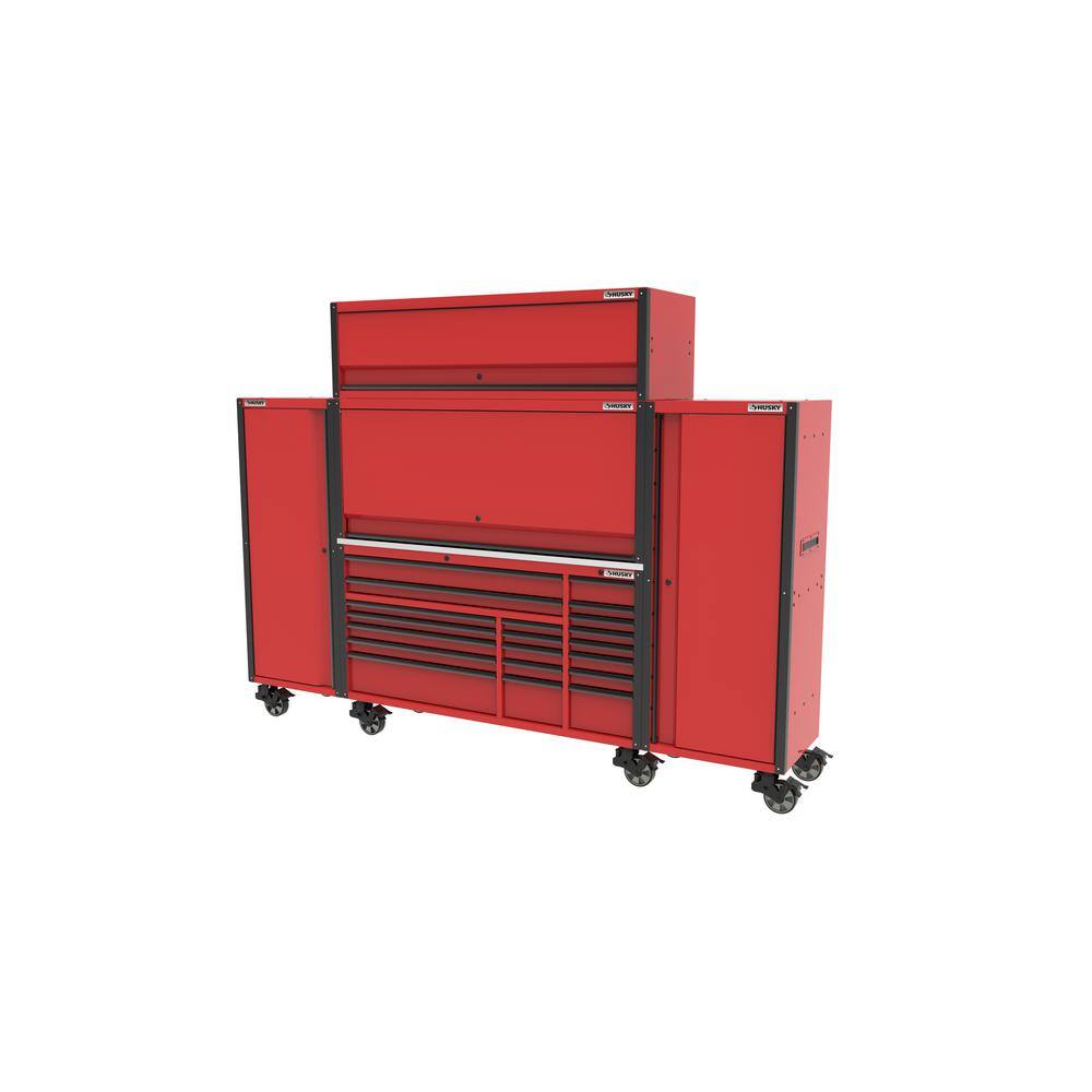 Husky 72 in. W x 24.5 in. D Professional Duty 20-Drawer Mobile Workbench Combo w 2 Side Lockers Top Hutch Top Locker - Red HPROSUITE6RED