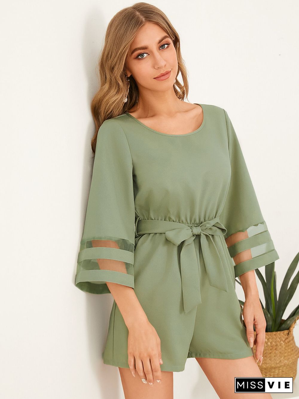 Solid Color Crew Neck Tie Up Backless Romper