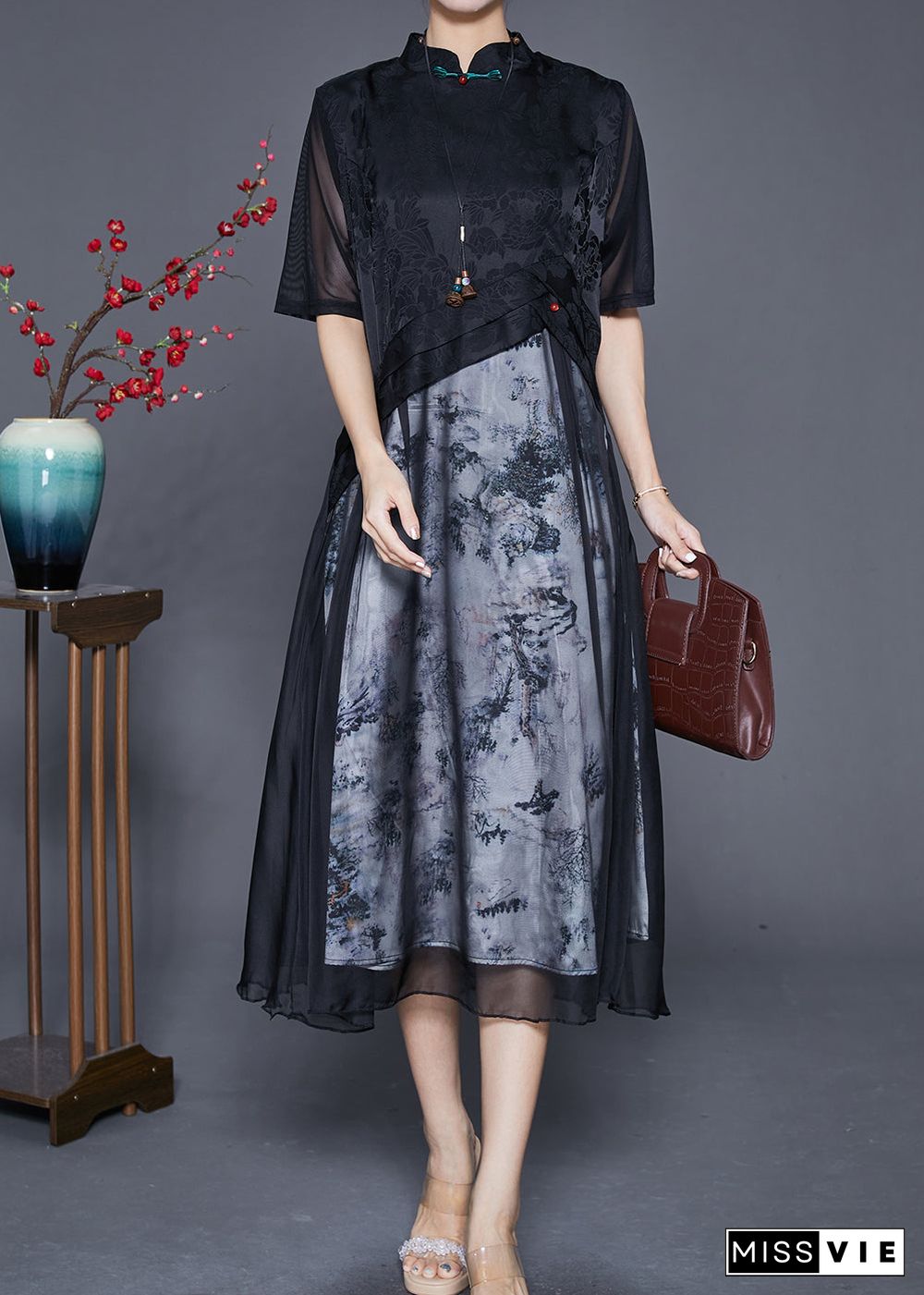 Elegant Black Mandarin Collar Patchwork Print Chiffon Dresses Summer