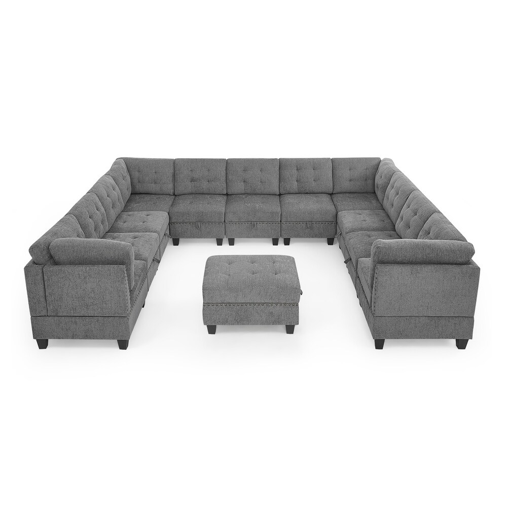 Chenille Upholstered Sectional Sofa Set 4 Corner Chaise Couch Set with Hidden Storage Ottoman for Living Room